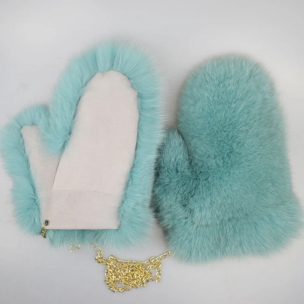 mint green Ms. MinShu перчатки из натурального Лисьего меха варежки из натурального Лисьего меха замшевые зимние Утепленные перчатки унисекс модные пушистые меховые перчатки - Цвет: mint green