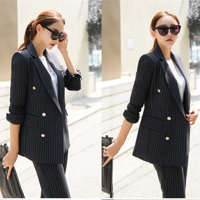 Elegant Black Striped Suits Women With Jackets And Pants Female Trousers Sets autumn suit women blazer set | Женская одежда
