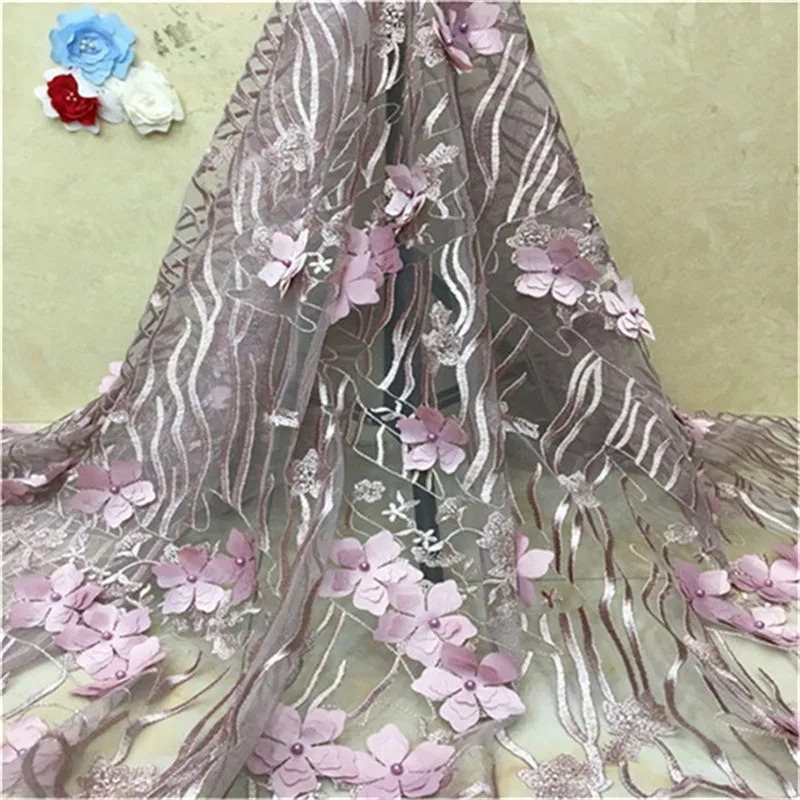 Latest French Nigerian 3D Flower Net Laces Fabrics 2019 High Quality Tulle Lace Material African Beaded Mesh Fabric pink | Дом и сад