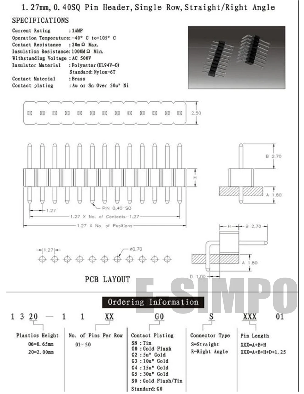 10 шт. 1x50P 1 27 мм штырьковый разъем 0 05 &quotштырьковый PCB прямоугольный штыревой