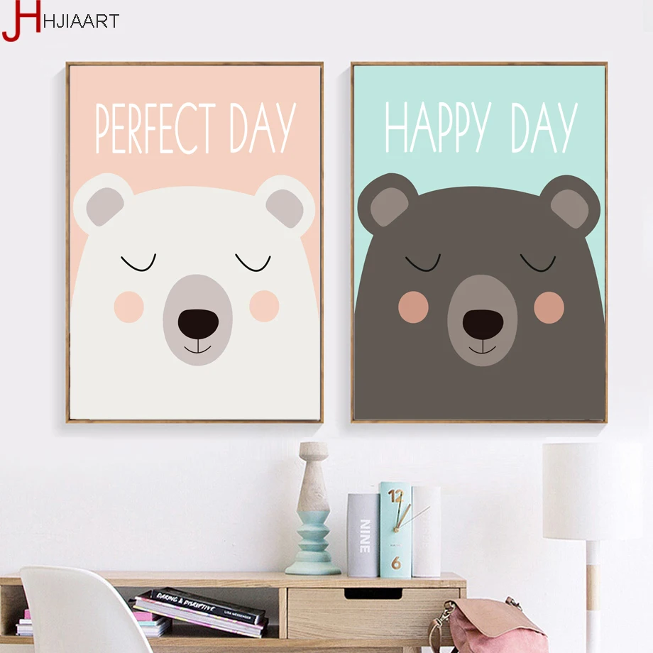 Kawaii Bear настенная Картина на холсте в скандинавском стиле минимализм животные