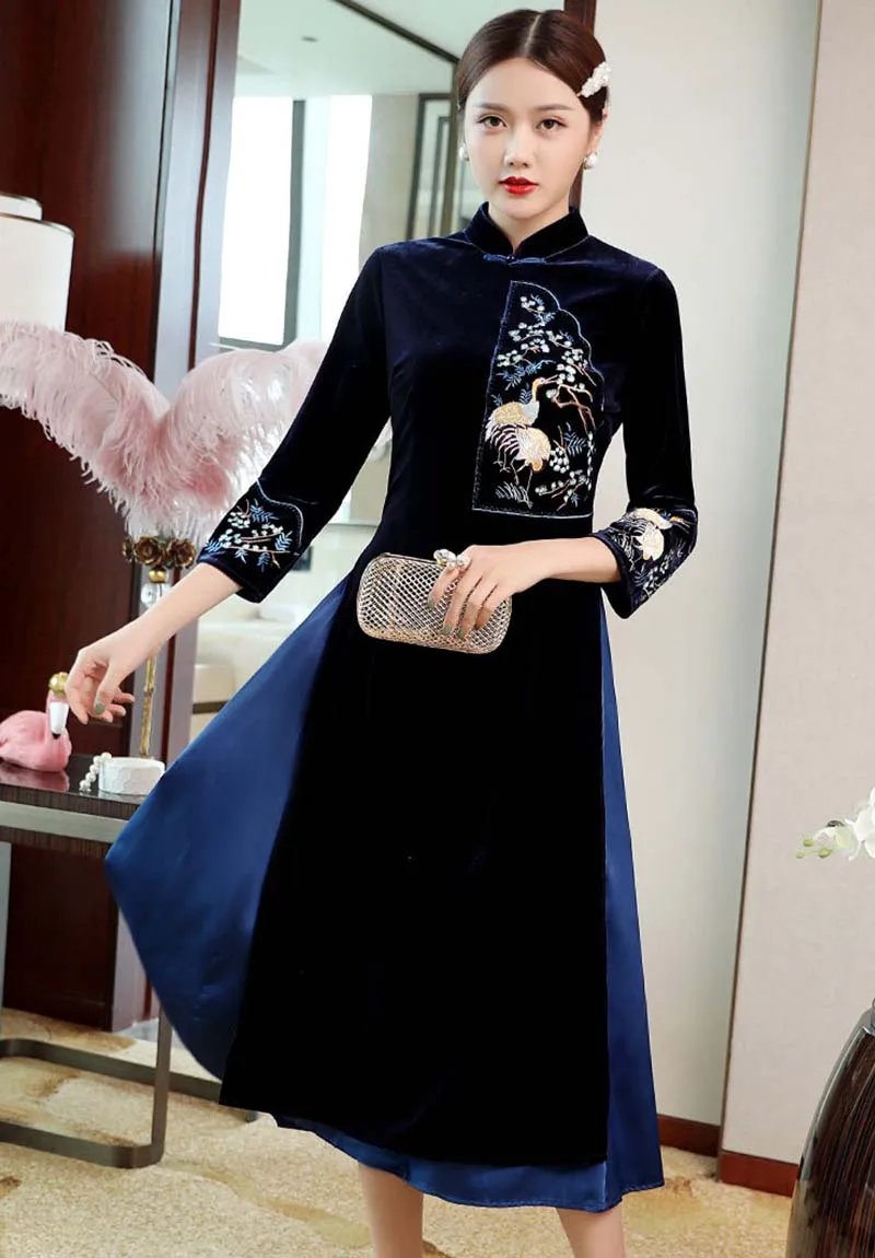 Тёмно-синий Осень и зима китайский стиль бархат вышивка Ретро cheongsam размера плюс платье S-3XL - Цвет: Тёмно-синий