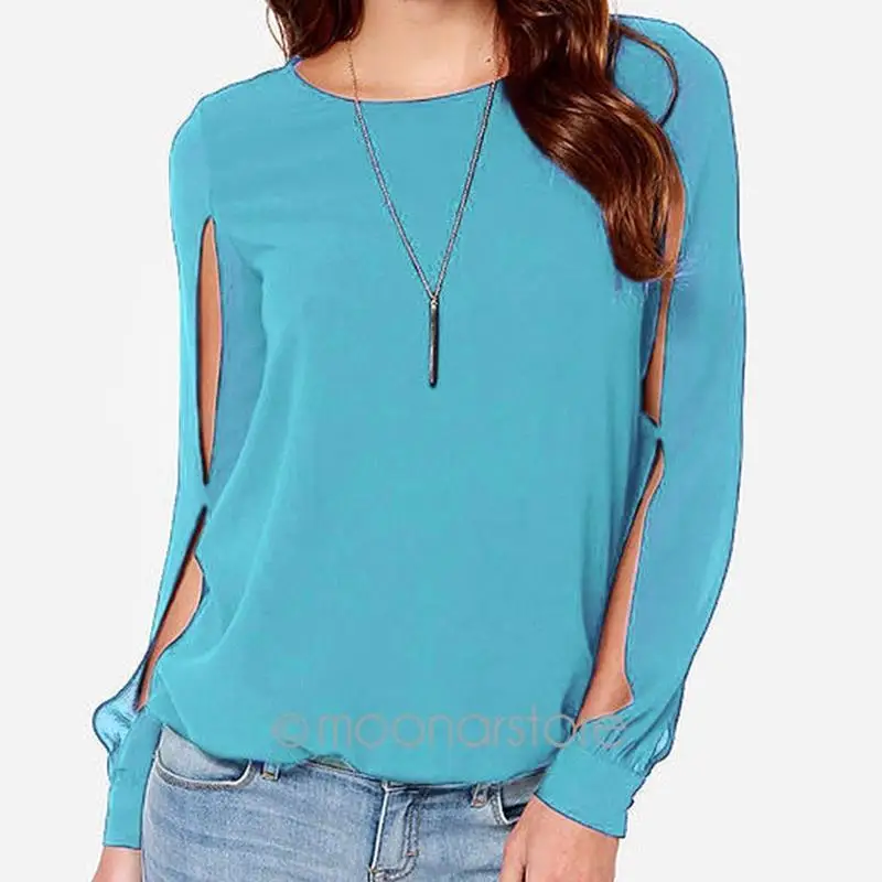 2018 Women Blouse Long Sleeve Hollow Out Sexy Casual Shirt Fashion Chiffon Tops Blue Pink Purple O neck |
