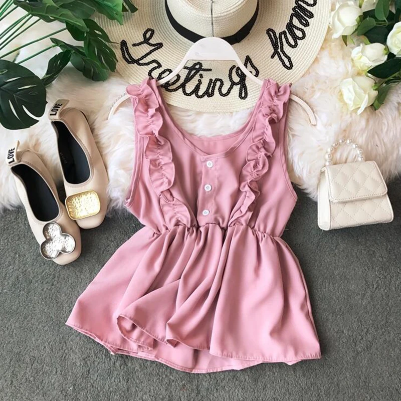 2019 Chiffon vest summer Fashion Leisure loose Shirts sleeveless Elastic waist Round neck Elegant Blouse aa992 | Женская одежда