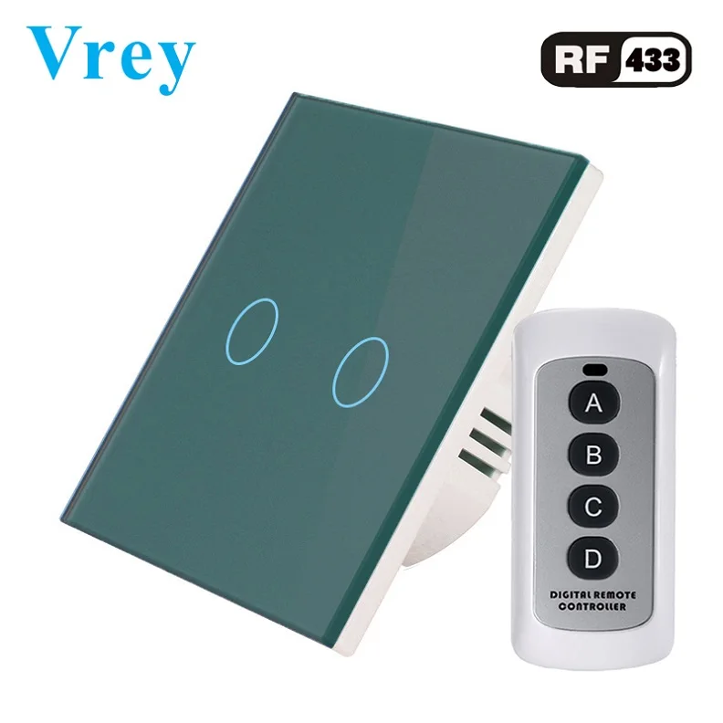 VR-RF-02 Green Стандартный сенсорный выключатель Vrey EU, 2 комплекта, односторонний светильник с экраном, интеллектуальный пульт дистанционного управления, настенный выключатель из закаленного стекла, Хрустальная панель - Цвет: VR-RF-02 Green