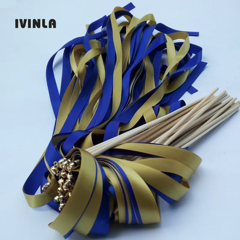 

50pcs/lot Gold & royal wedding ribbon wands With gold Bells for wedding party