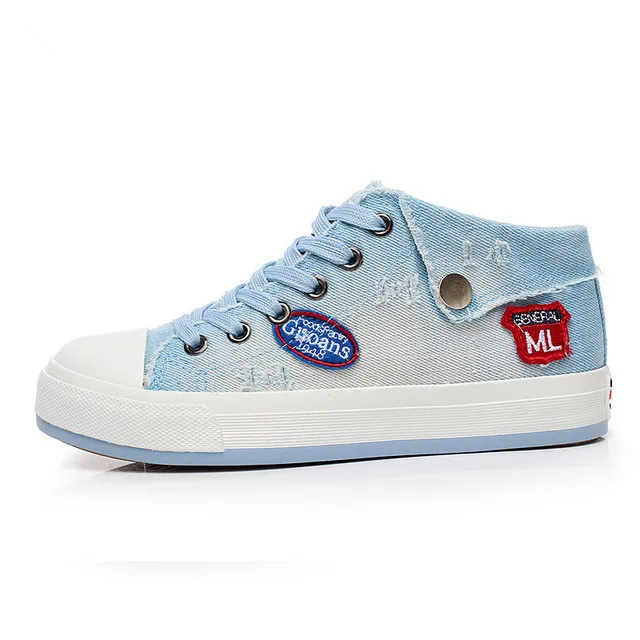 Light blue ; Новинка года; модные высокие парусиновые кроссовки; женская джинсовая парусиновая обувь; Женская Вулканизированная обувь на шнуровке - Цвет: Light blue