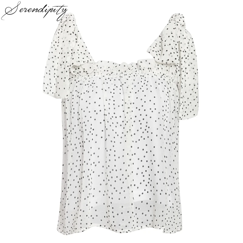 Женский шифоновый топ SRDP Свободный Белый Топ в горошек на шнурках 2019 | Женская