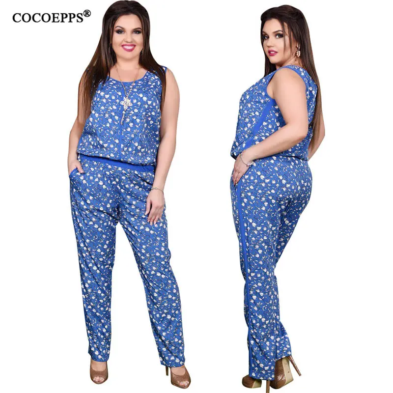 5XL 6XL Plus Size Casual Women Jumpsuit Summer Flower print Sleeveless Romper Big Large Size Jumpsuit Fashion Long Jumpsuit