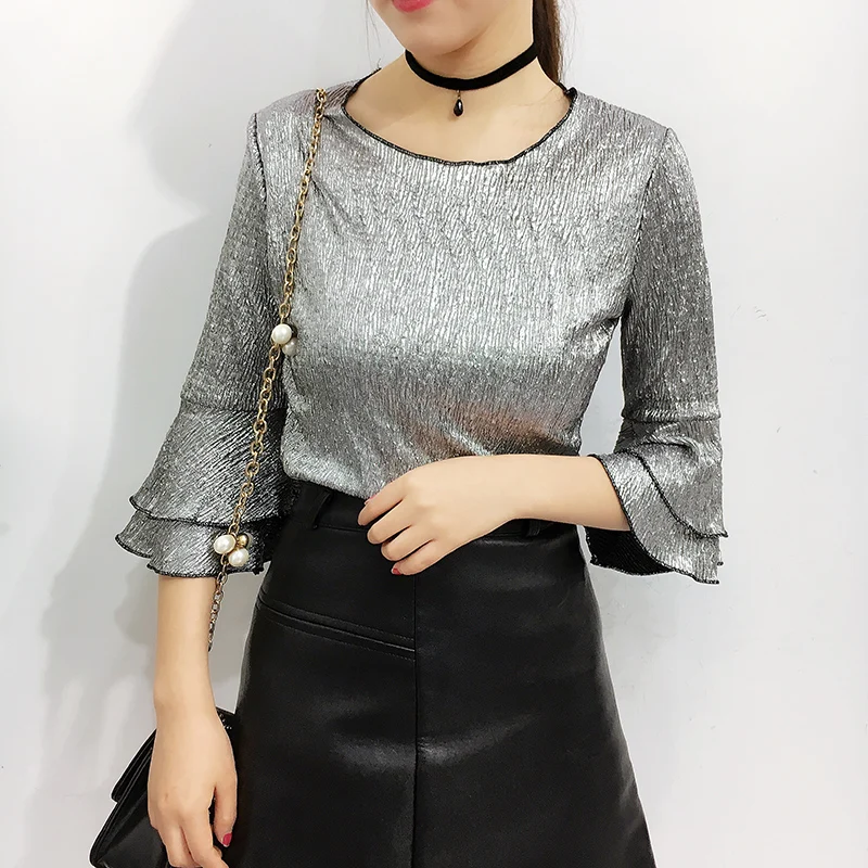 [Alphalmoda] Новые Яркие футболки с круглым вырезом двухслойный блестящий топ