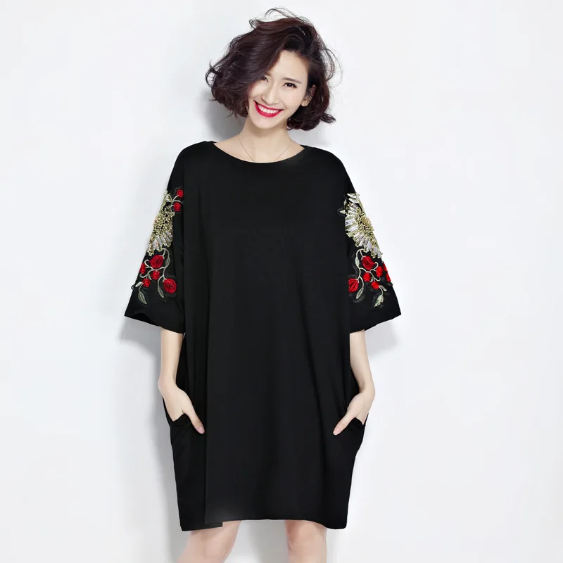 Новинка 2019 женские летние однотонные черные Лоскутные Длинные Топы с вышивкой