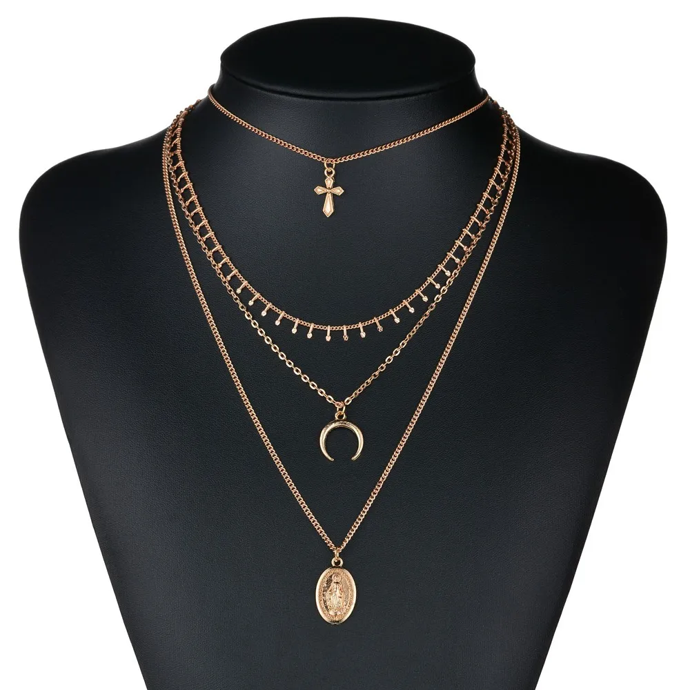 2019 NEW gold color sexy clavicle chain 4 layers tassel Moon Cross Jesus pendant statement Chokers Necklace women | Украшения и