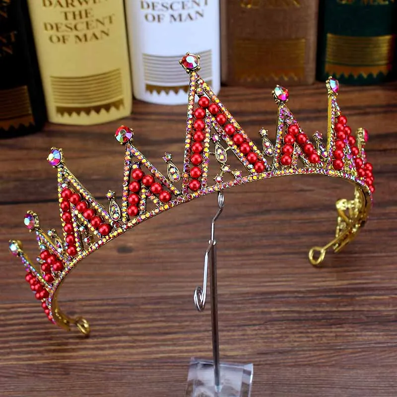 beaded tiara Винтажная свадебная диадема в европейском стиле, украшенная красными кристаллами и жемчугом, диадема принцессы для девочек, диадема, стразы, свадебная корона, украшения для волос - Окраска металла: beaded tiara