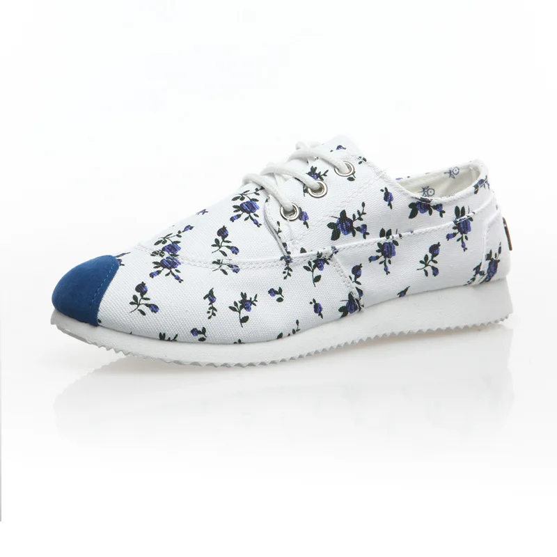 Женщин Печатных Цветок Круглый Носок Зашнуровать Холст Плоский Каблук Обувь