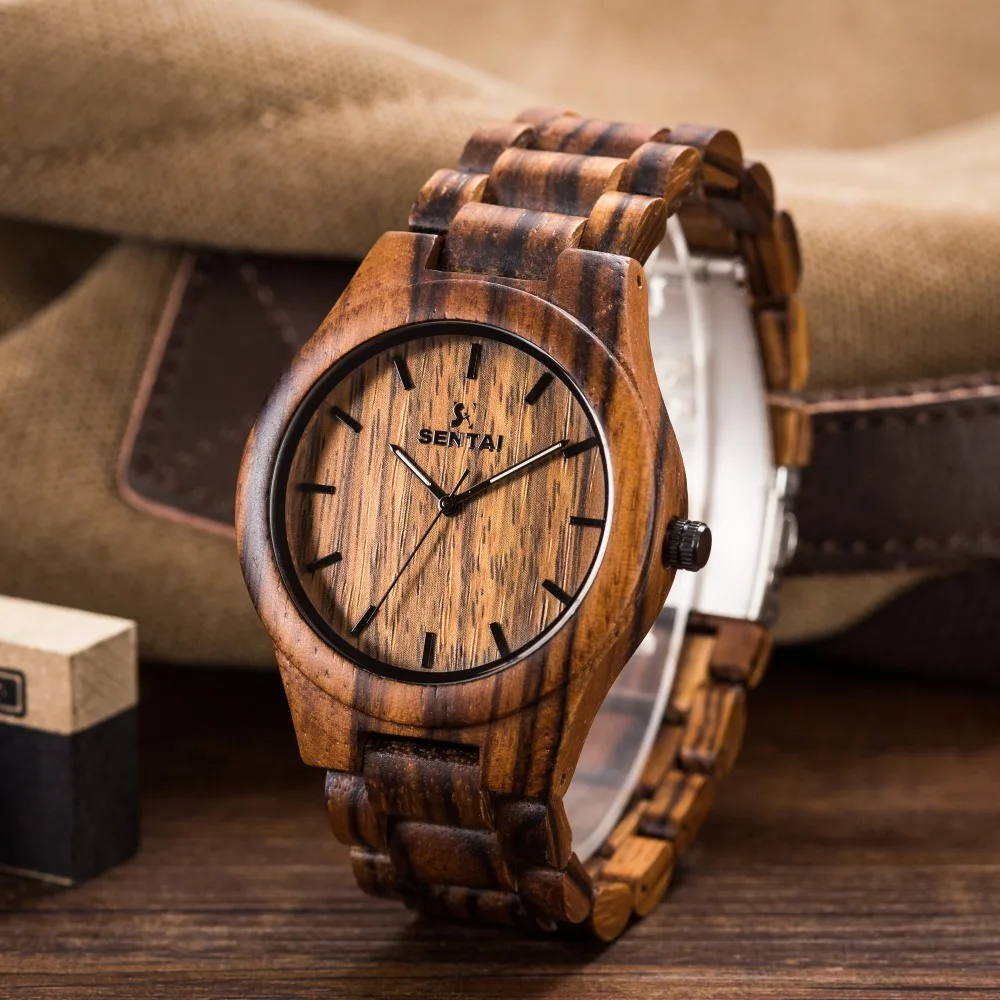 Мужские часы SENTAI Дизайнерские деревянные Аналоговые кварцевые наручные с
