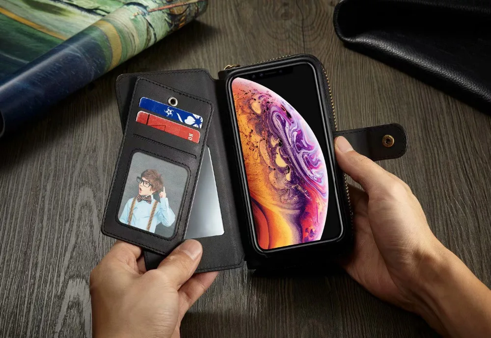 

New Wallet Case for iPhone X XR XS Max 7 8 6 plus 6 6s 7 8 Case 2in1 Card Slot Retro Flip Leather Cover Zipper Purse Phone Bag