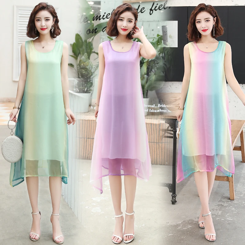 

New Arrival Lady Sweet Gradient Colors Chiffon Dress Women Loose Sleeveless Dress Free Shipping
