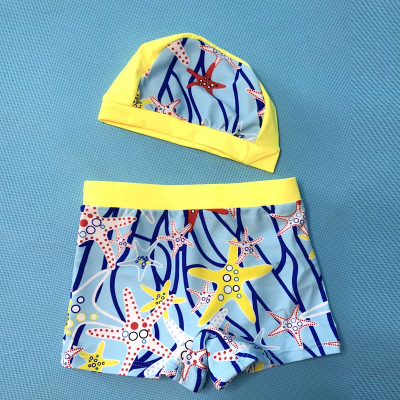 Summer Blue Printed Starfish Swimsuits Board Shorts+Cap for 2-10 Years Boy Children Kids Swimwear Swimming Exercises |