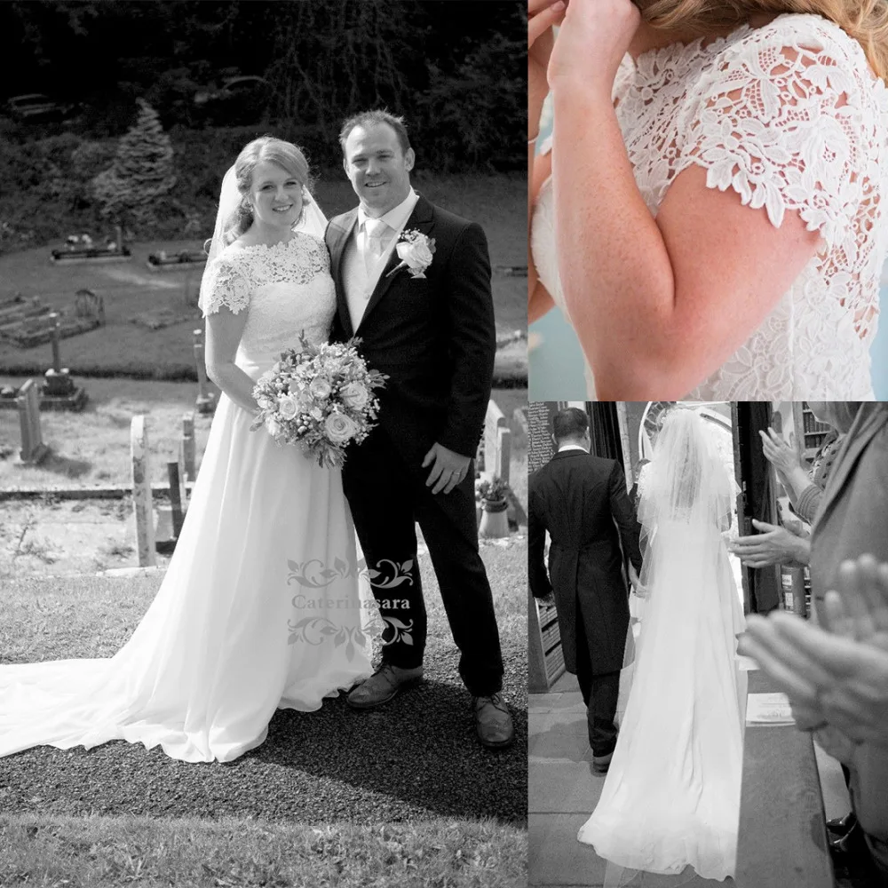 

A Line Bateau Neck Chapel Train Chiffon Made-To-Measure Wedding Dresses Outdoor Bride Gowns Cap Sleeves for Garden Party