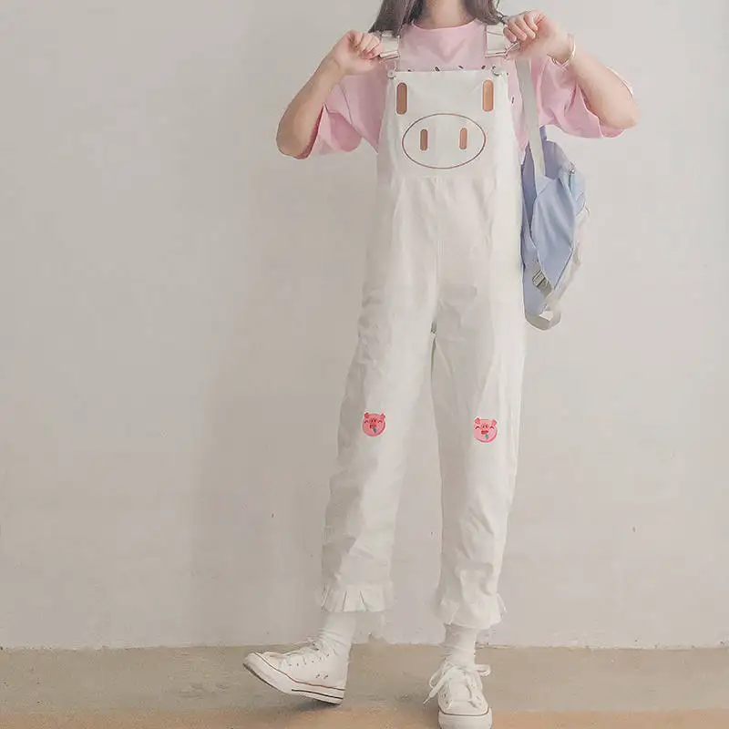 Белый Японские милые животные розовые женский комбинезон Kawaii оборки для девочек комбинезоны милые свиньи брюки с вышивкой повседневные брюки - Цвет: Белый