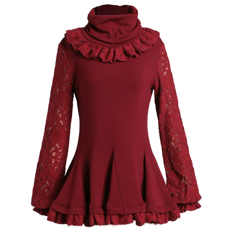 CLEARANCE ARTKA 2018 Winter Women New Style Brushed Knit Lace Stitching High Collar Ruffled Hem Shirt ZA10953Q |