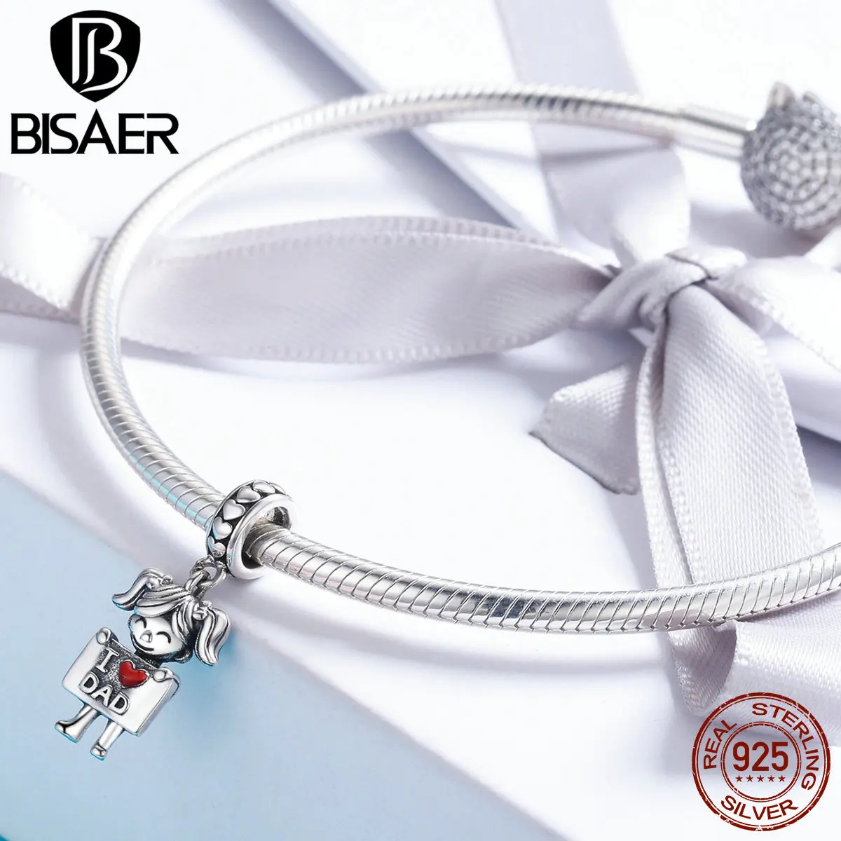 BISAER Подвески Серебро Оригинал 925 пробы серебро принт I love Dad Девушка Подвеска для