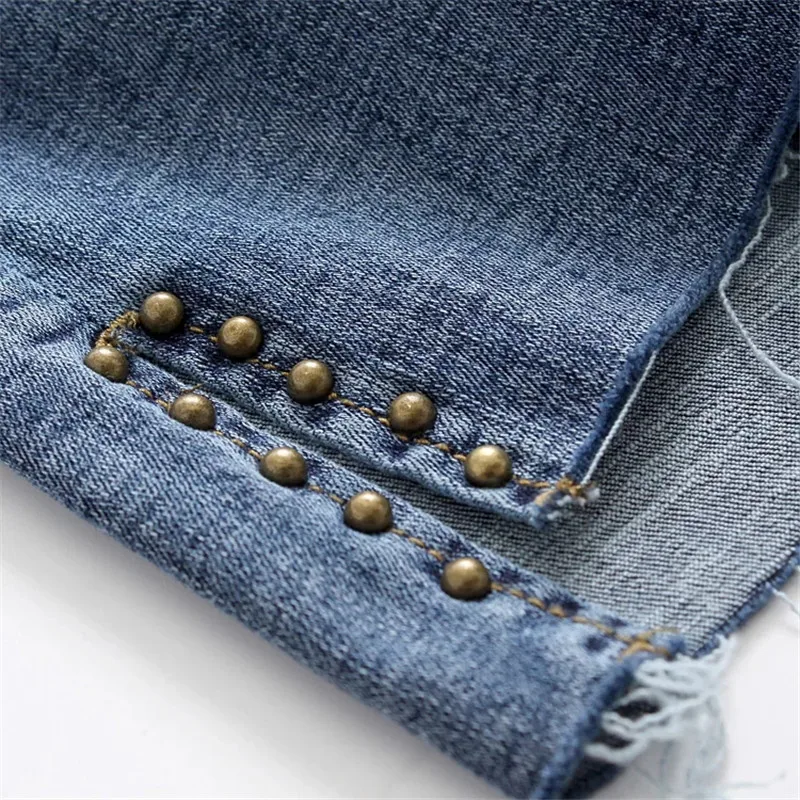 

Summer Women Jeans mid-Waist Fashion rivet Ripped straight-leg Stretch Ankle-Length Sexy Skinny Elegant Female Blue Jeans