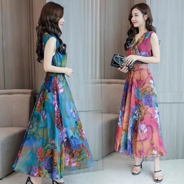 Шифоновое платье Новинка лета 2019 облегающее женское с принтом V-образным вырезом