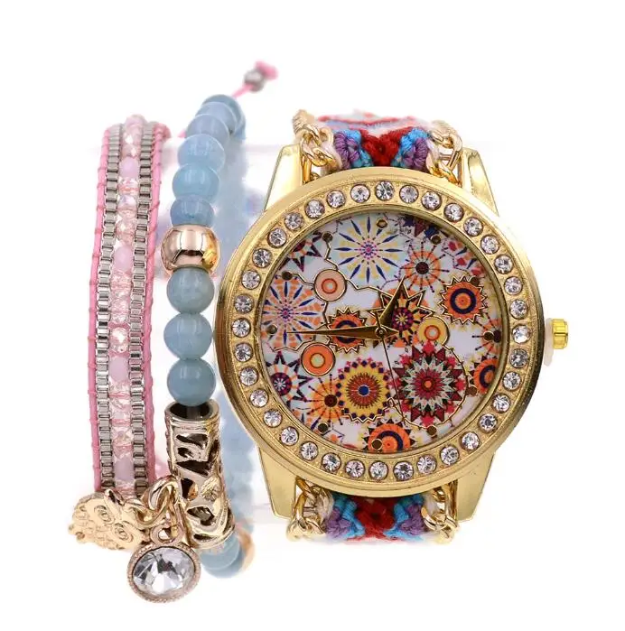 Pink blue WELLMORE Для женщин часы бохо стиль 2 шт. Бусы Браслеты с Часы сочетание наручные часы для Для женщин кварцевые часы оптом - Цвет: Pink blue