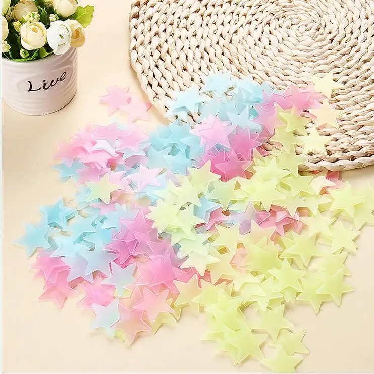 100pcs 3D Stars Glow In Dark Luminous Fluorescent Plastic Wall Sticker Baby Room Ceiling Ornaments Special Festival Decro PVC | Дом и сад