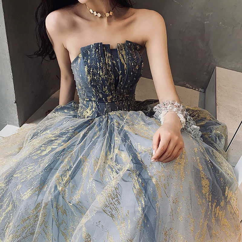 Luxury Tulle Princess Evening Dress Strapless Lace Up Back Floor Length Sexy Prom Party 2021 High Quality Women Dresses | Свадьбы и