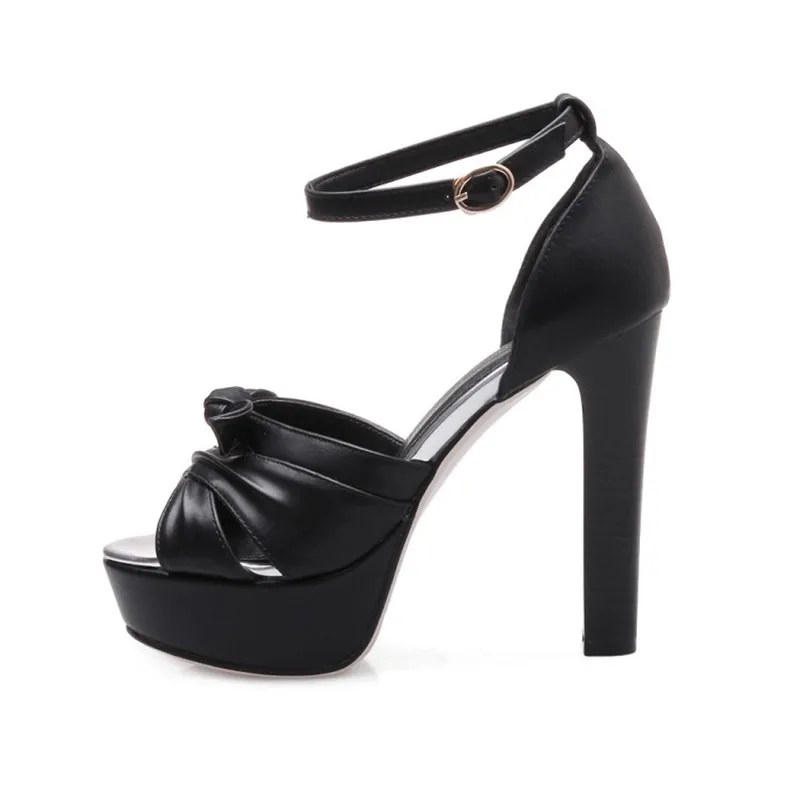 PU sandals for bride white black ankle strap women thick high heels shoes peep toe platforms fashion woman size 32-42 | Обувь