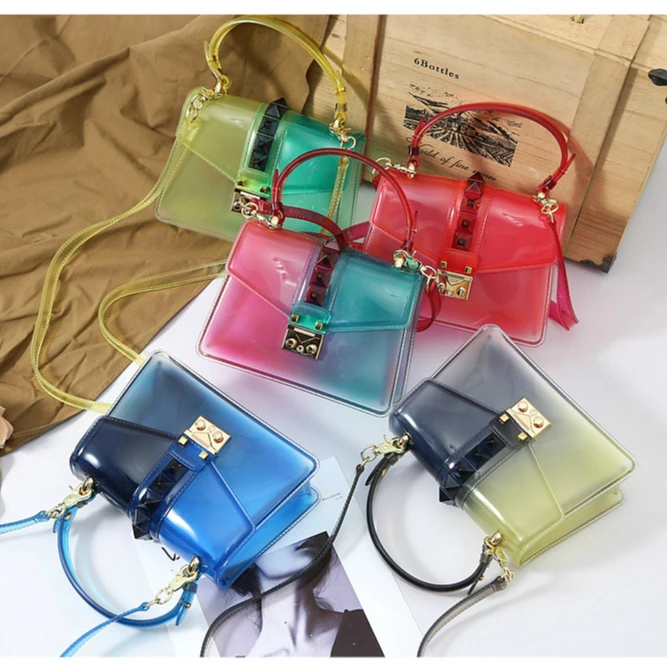 

mixtx Gradient Color Rivet Crossbody Women Beach Transparent Shoulder Messenger Bag Jelly Crystal Tote Sweet Lady PVC Handbags
