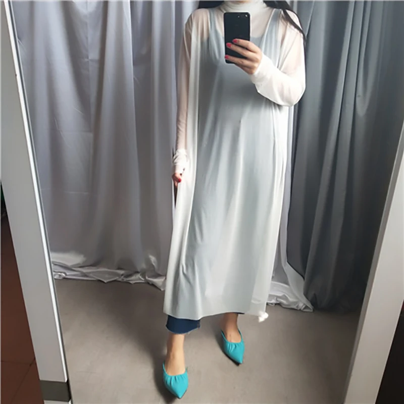 [EAM] New Autumn Winter High Collar Long Sleeve Black Mesh Perspective Colorful Long Big Size Dress Women Fashion JU790
