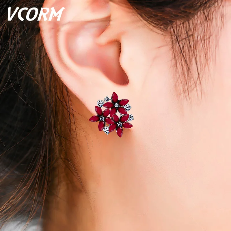 VCORM Fashion Water Crystal Small Stud Earrings for Women Cute Flower Statement Zirconia Earring Accessories Jewelry | Украшения и