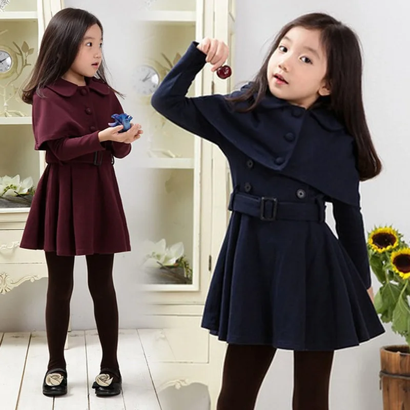 Girls Princess Dress with Cloak Spring Autumn Long Sleeve Kids Dresses for Solid Sashes A-line Teens Children Clothing | Детская одежда