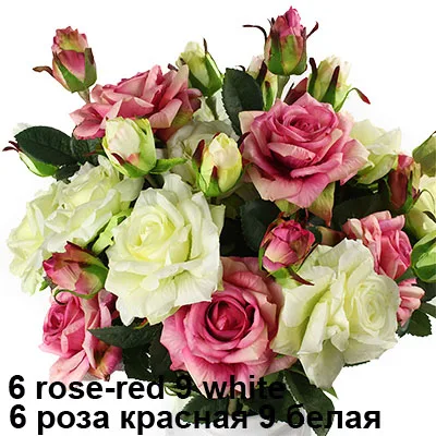 6rosered 9white Настоящий букет розы с латексным покрытием, шелковые цветы для дома/свадьбы/Вечеринки, Декоративные искусственные цветы - Цвет: 6rosered 9white