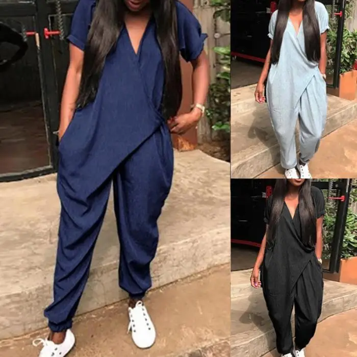 Women V Neck Loose Short Sleeve Solid Color Jumpsuit for Summer Beach Party GDD99