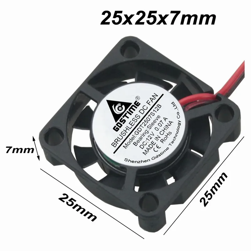 Gdstime 20 шт. DC 12 В 2Pin 2,0 25 мм x 7 мм 25x25x7 мм 2507 маленький микро Бесщеточный Охлаждающий вентилятор
