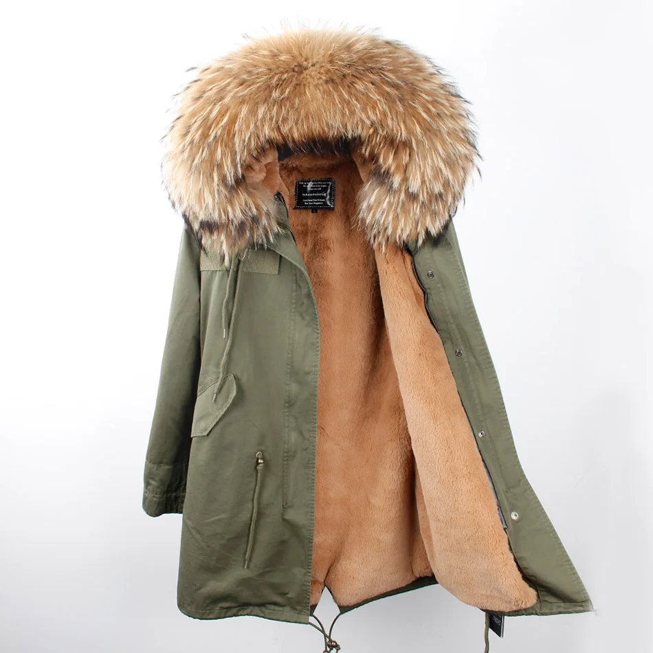 Мех любовь женщин Army Green Большой изделие из меха енота куртка с капюшоном парки верхняя одежда длинные съемной подкладкой зимняя куртка фирменный стиль
