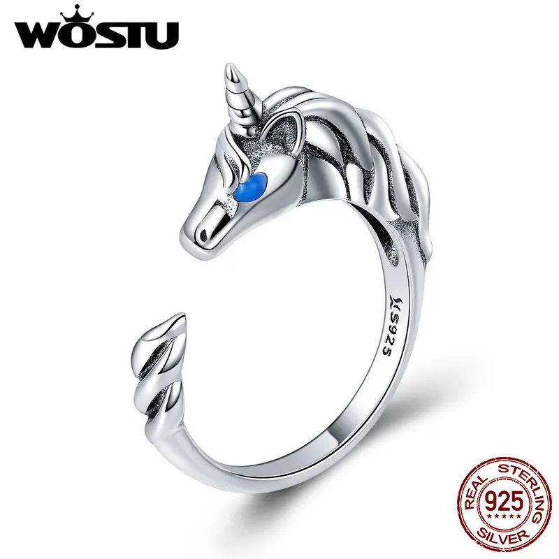 WOSTU Hot Sale 925 Sterling Silver Fashion Licorne Enamel Open Finger Ring For Women Wedding Engagement Silver Jewelry CQR410