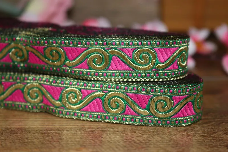 20 ярдов/Лот тканая жаккардовая лента 2 см Золотой Фон розовый геометрический узор