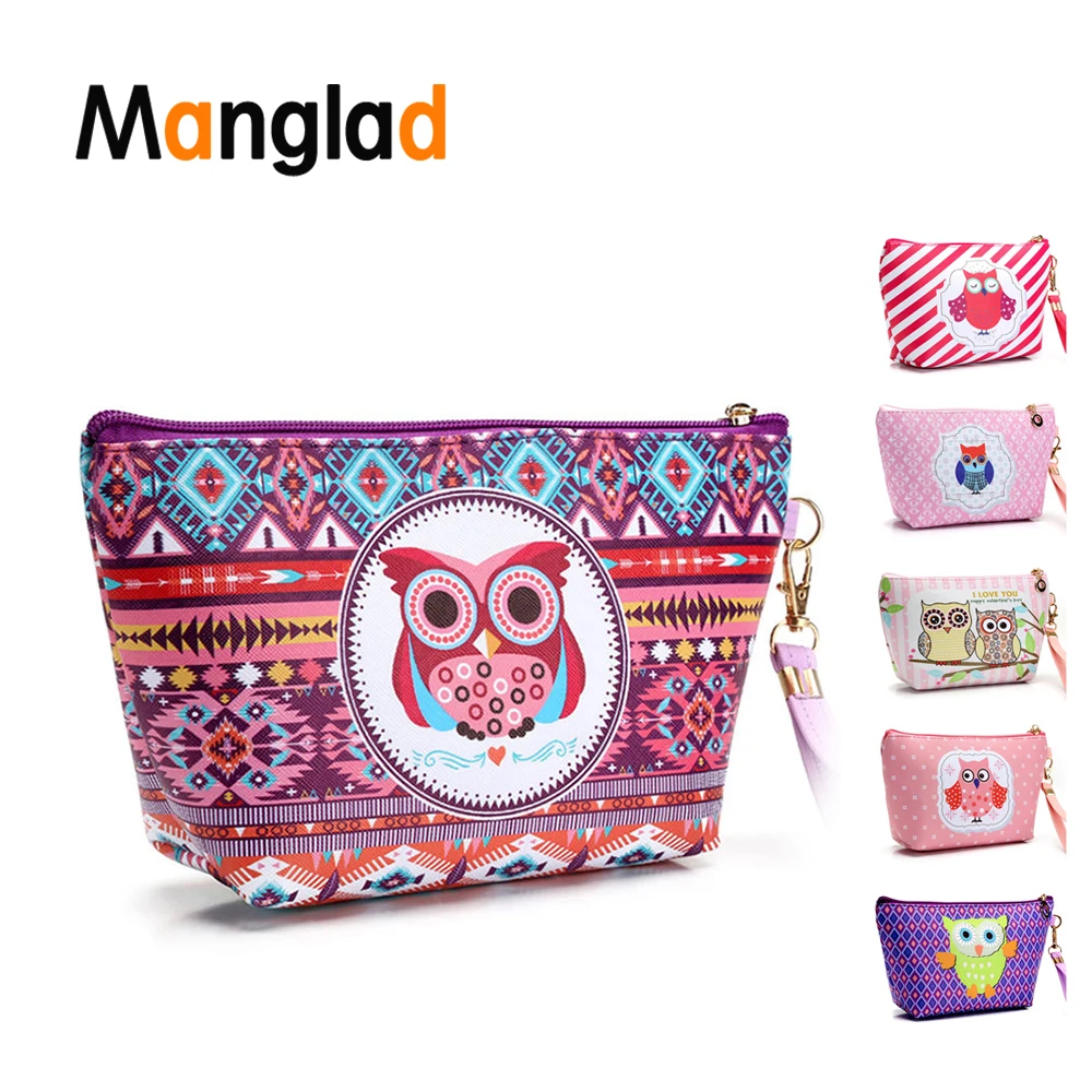 

Leather Owl Printing Pattern Organizer Bag Portable Travel Cosmetic Bags Zip Toiletry Pouch Makeup Clutch Makeup Storage Handbag
