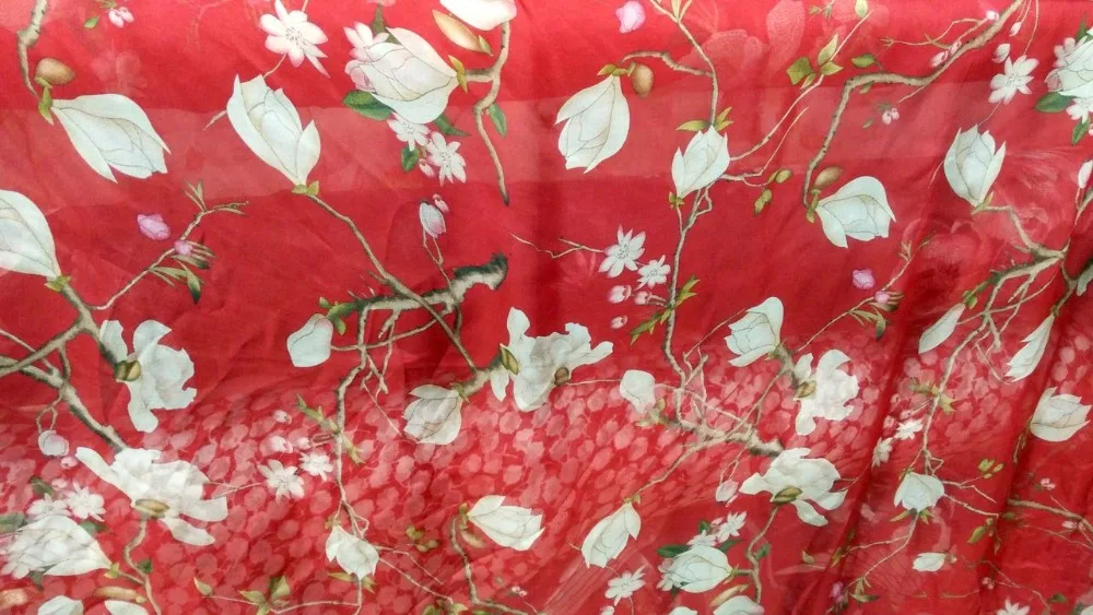 

Telas Red Botton Flowers Print 100% Mulberry Silk Chiffon Fabric For Dress Sleepwear Scarf Fabric Tecido Japan Tissu Au Metre