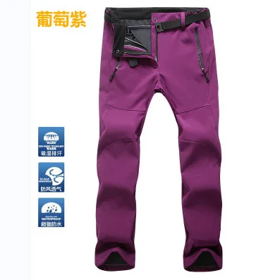 women purple red Теплый зимний светильник для женщин и мужчин, мягкая оболочка, водонепроницаемые штаны для кемпинга и походов, флисовые ветрозащитные лыжные штаны - Цвет: women purple red