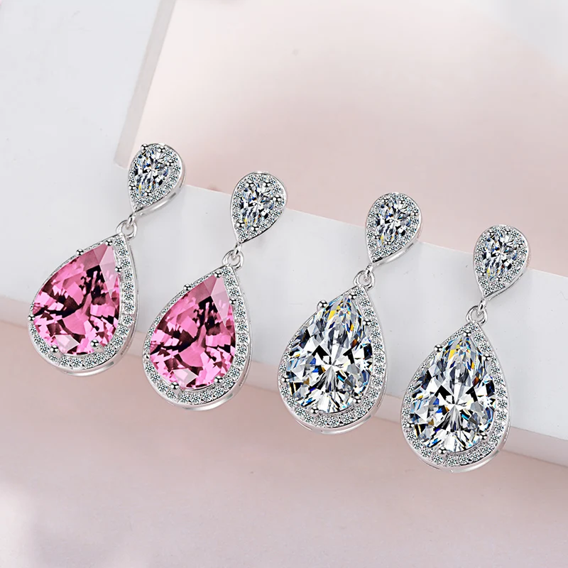 

New Shining Pink AAA Zircon Water Drop Earrings Sweet Temperament Earrings Women Korean Fashion Luxury Jewelry