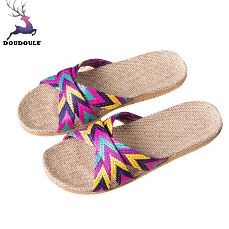 Purple Женские тапочки; нескользящие льняные домашние летние туфли на плоской подошве с открытым носком; Новинка года; женские летние тапочки; zapatos mujer - Цвет: Purple