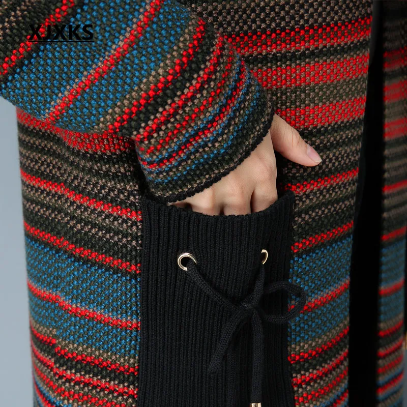 XJXKS Round Neck Caridgans Sweater Coat Lace Up Pockets With Colorful Striped Knitted Autumn Women Sweaters Coats |