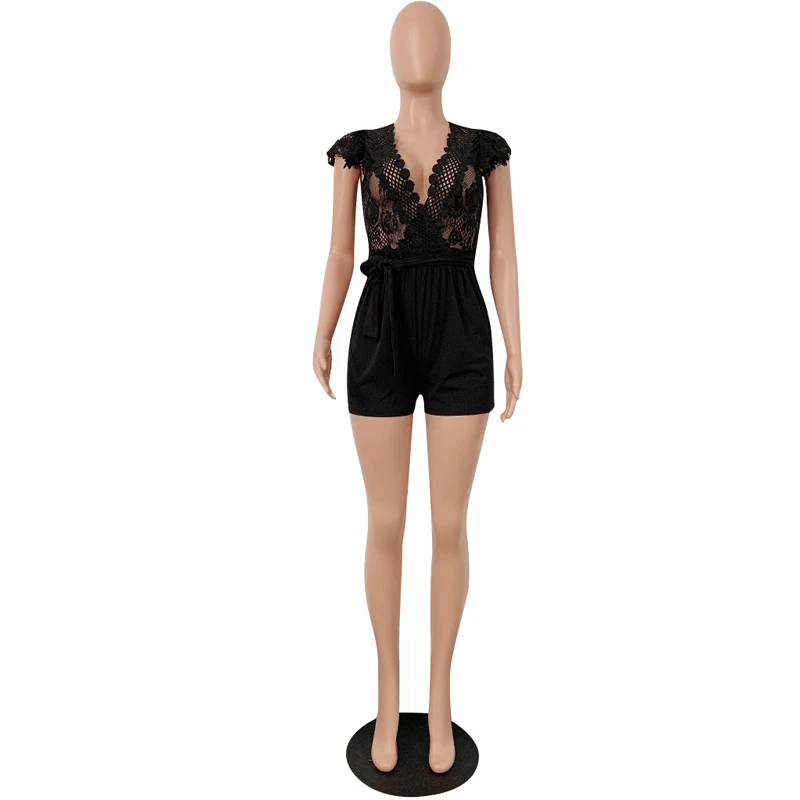 Женский сексуальный v-образный вырез с коротким рукавом Кружевное лоскутное одеяло короткий праздничный пляжный костюм Повседневный шикарный Steertwear