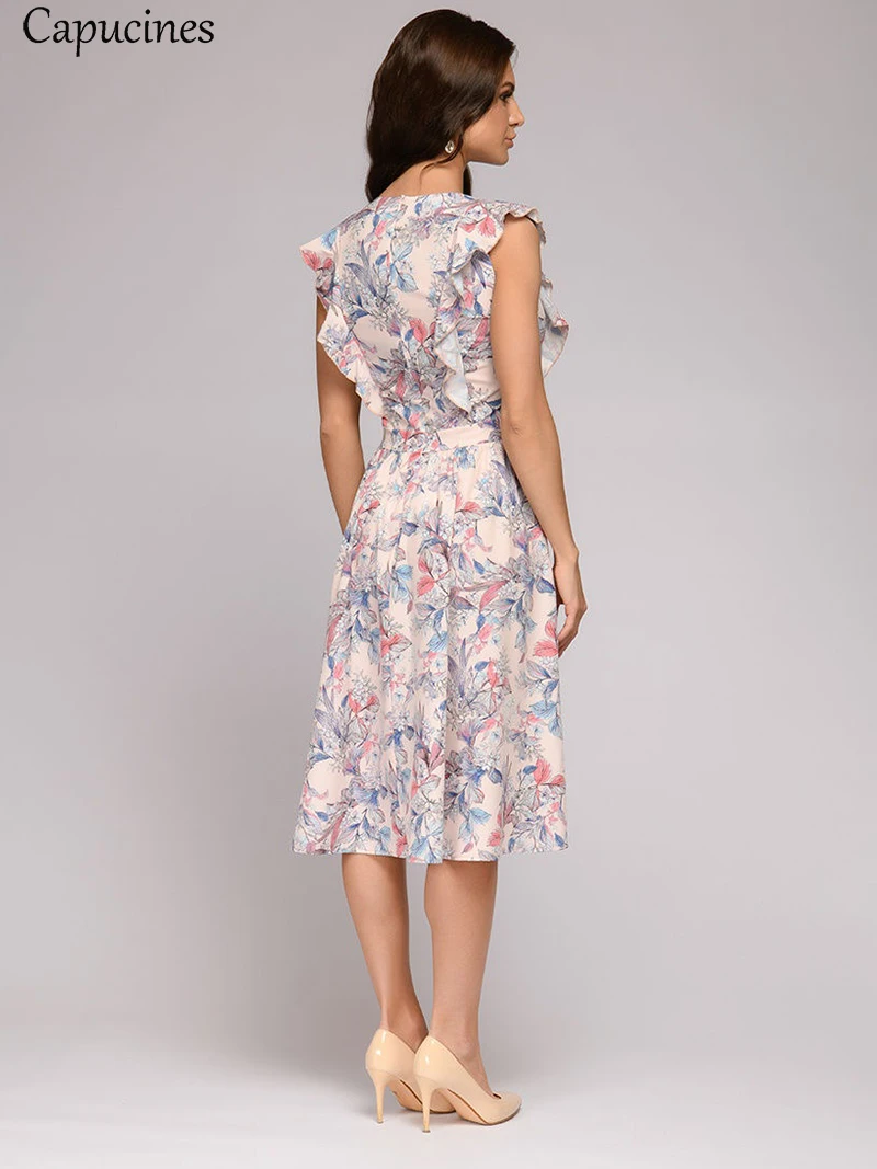 Capucines Summer Boho Floral Print Ruffle Trim A-Line Dress Women Cap Sleeve O-Neck Casual Dress Ladies Office Work Wear